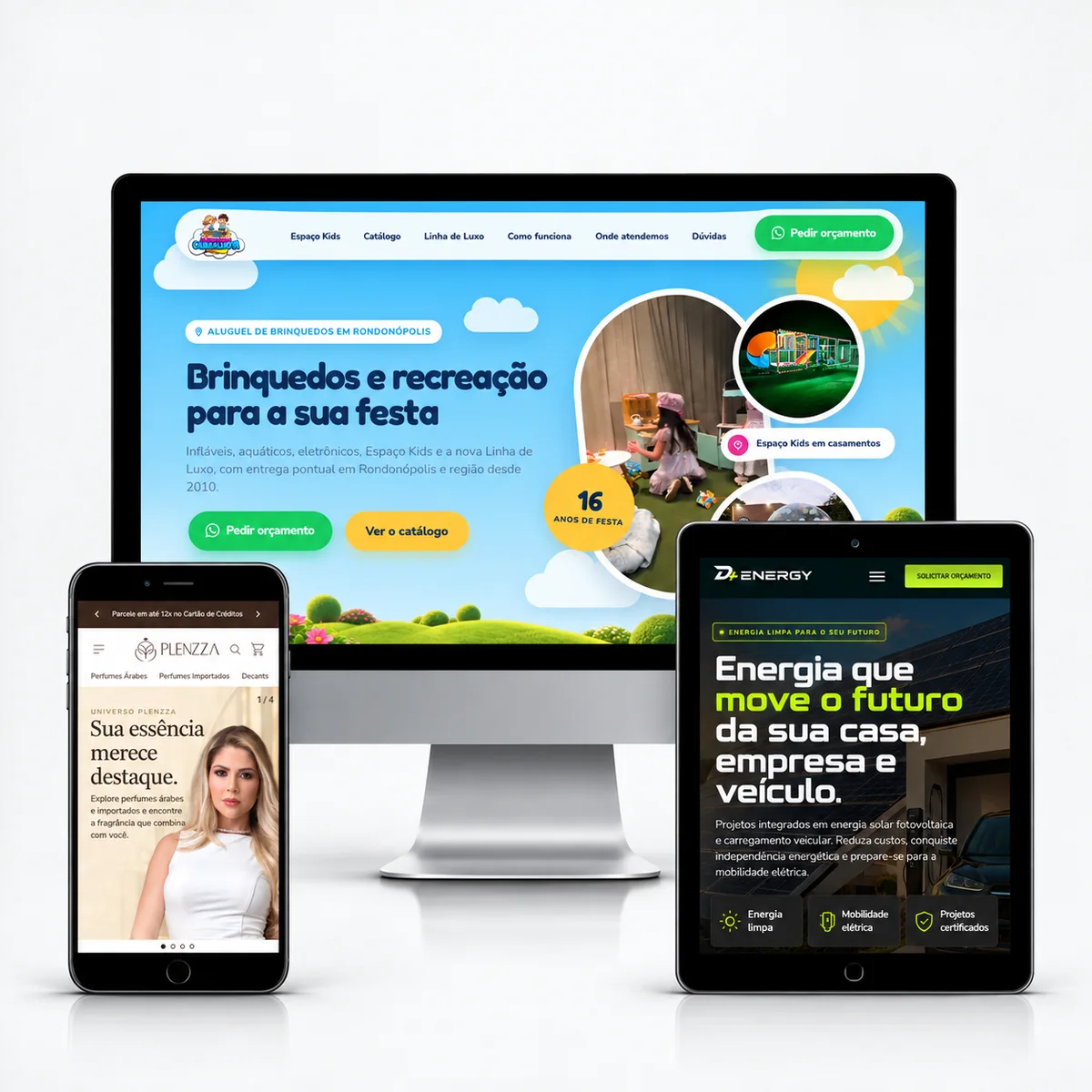 Sites criados pela SouNet exibidos em monitor, tablet e celular